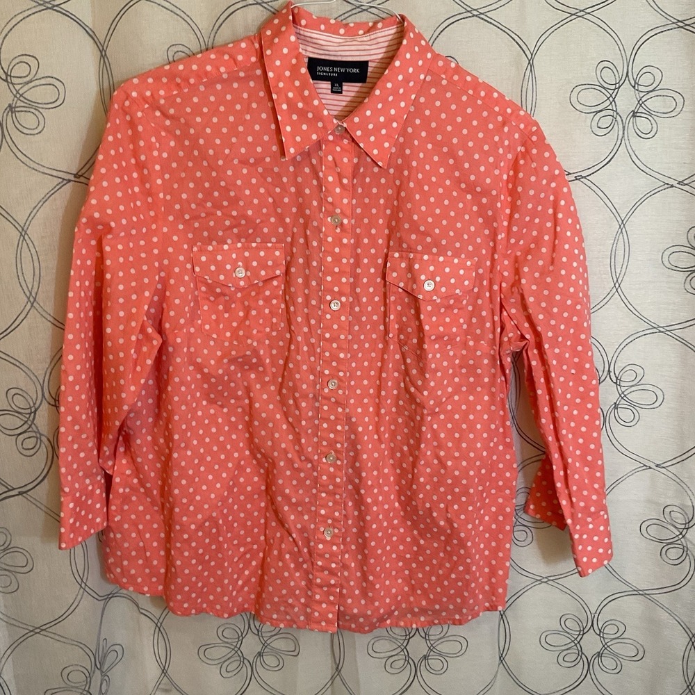 Jones‎ New York Signature Peach Polka dot Long Sleeve Button Up Shirt Size XL